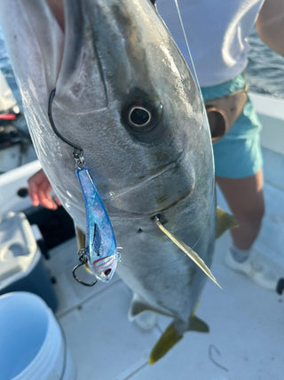 Group with big fish on boat