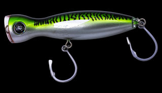 A hard bait fishing lure with a silver body, green and black tiger stripe pattern, and two treble hooks, shown on a plain white background.