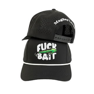 Black cap with text and logo on a white background