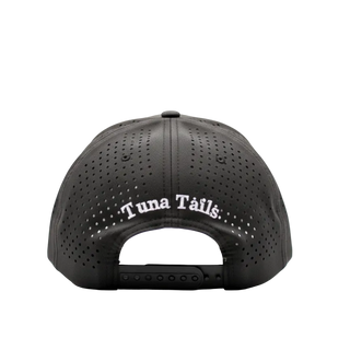 Black cap with 'Tuna Tails' branding on a white background
