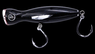 A black hard bait fishing lure with a glossy finish, featuring a silver reflective stripe, a clear diving bubble on the front, and two silver metal hooks attached below.