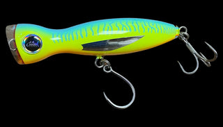 A bright yellow and blue fishing lure with a metallic finish, featuring a black stripe pattern, a silver lip, and two treble hooks attached.