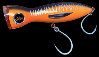 An orange and black crankbait fishing lure with white vertical stripes, dual silver metal hooks, and a circular 'MAGNA-FOUR' brand logo on the side, isolated on a white background.