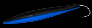 A hard plastic fishing lure with a black and blue gradient body and a silver metal hook, shown on a plain white background.