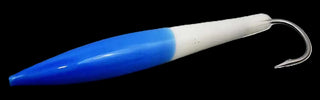 A plastic fishing lure with a blue and white body and a curved silver metal hook, shown on a plain white background.